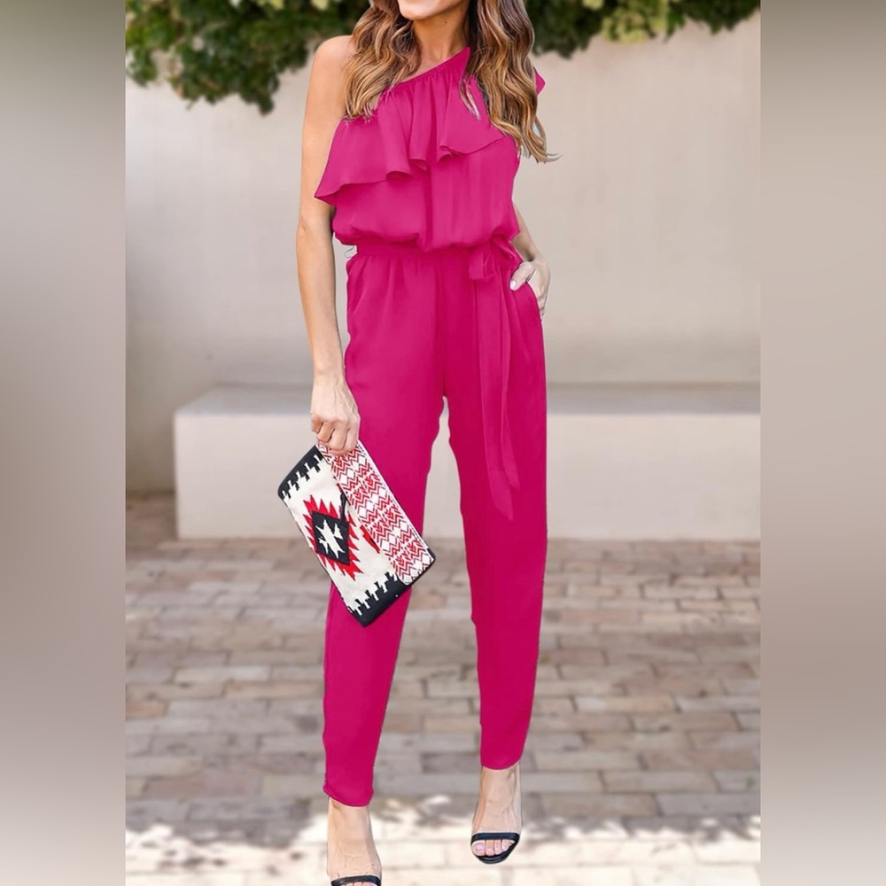 LN Pink One-Shoulder Jumpsuit with Ruffle Detail